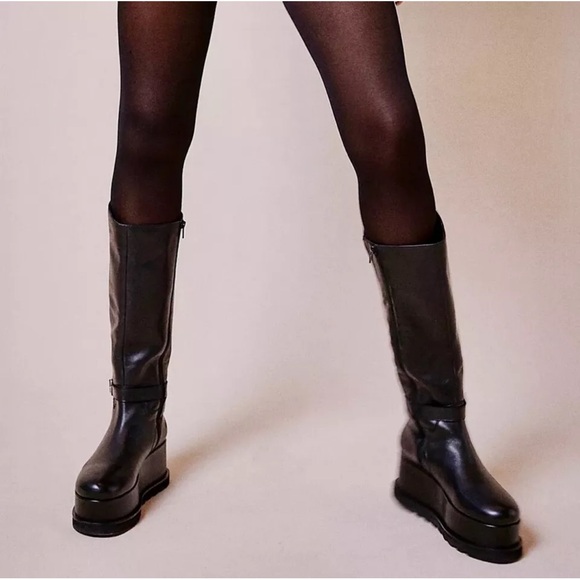 Free People Not For Riding Platform Tall Boot Black Leather Mega Wedge - Picture 13 of 13